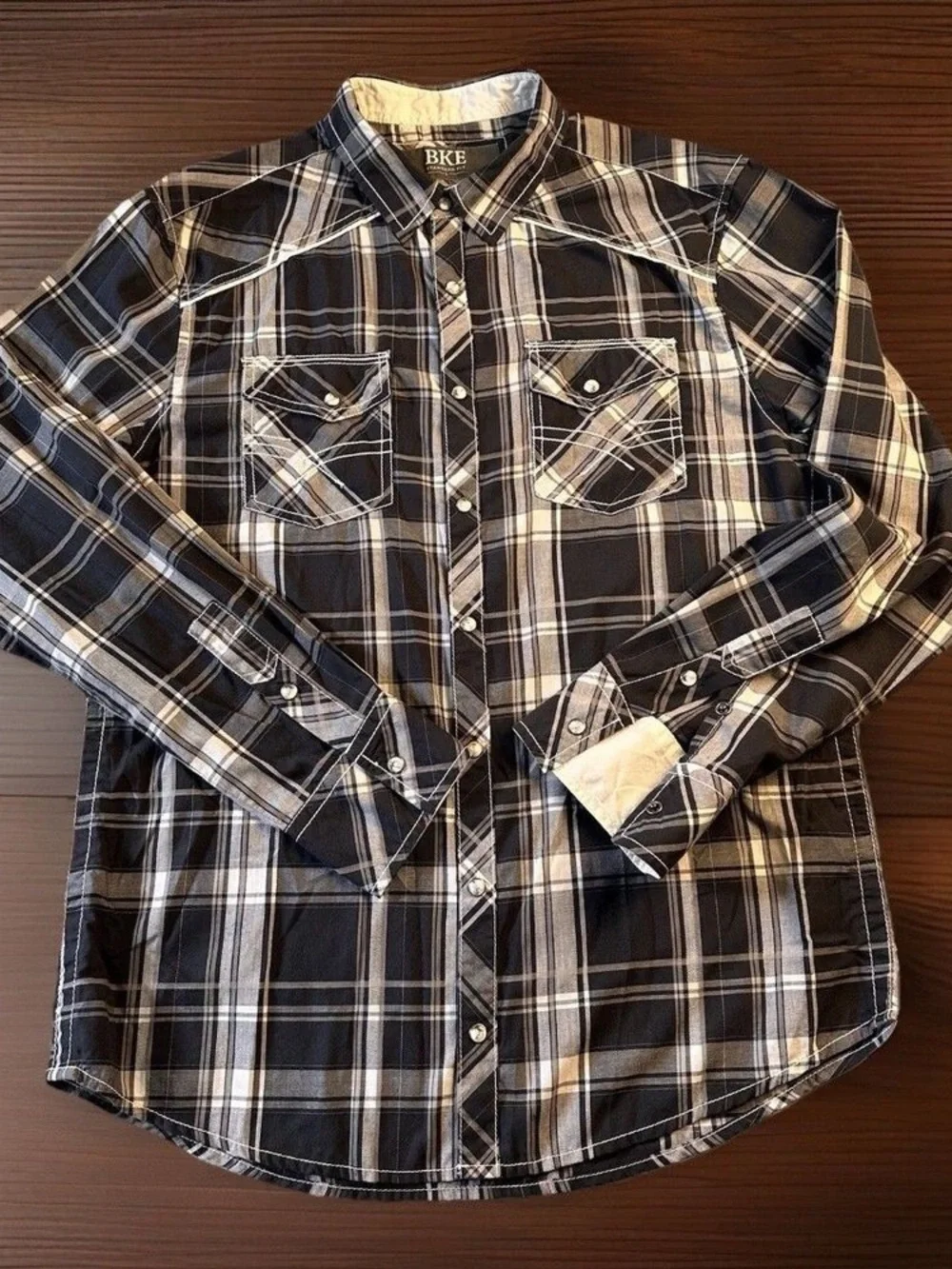 BKE Men’s Black and White Plaid Western Button-Down Shirt